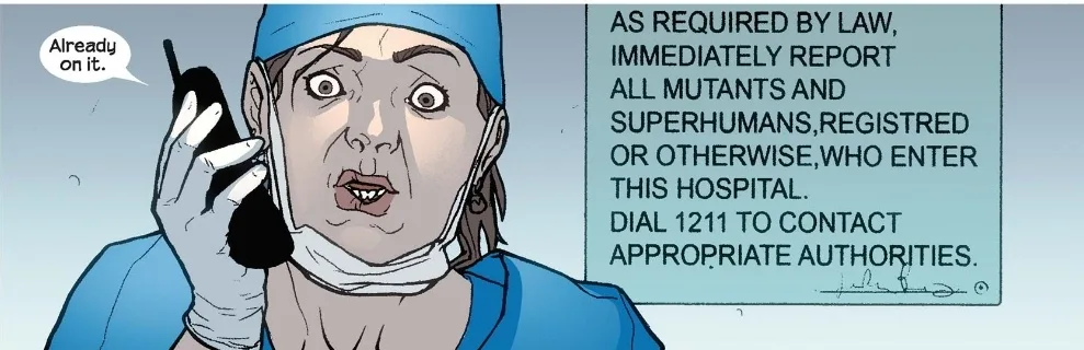 A cartoon nurse in blue scrubs and a surgical mask holds a walkie-talkie, her face showing shock or alarm. A speech bubble…