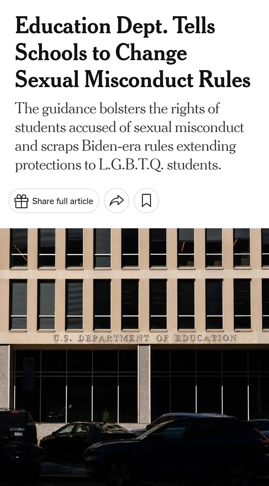 The image shows a news article headline overlaying a photo of the U.S. Department of Education building. The headline reads…
