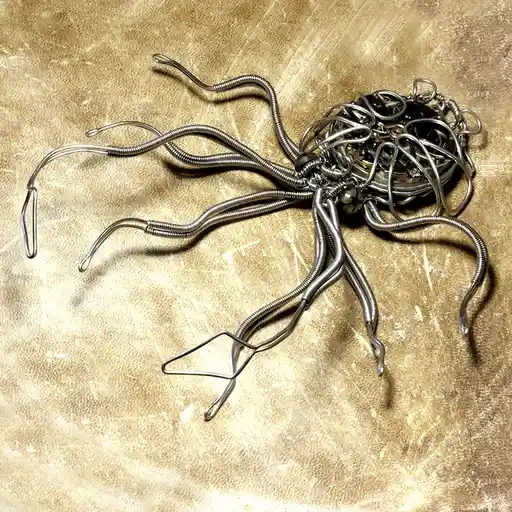 A metal sculpture of a spider made from coiled and bent silver-colored wire, with multiple articulated legs, rests on a…