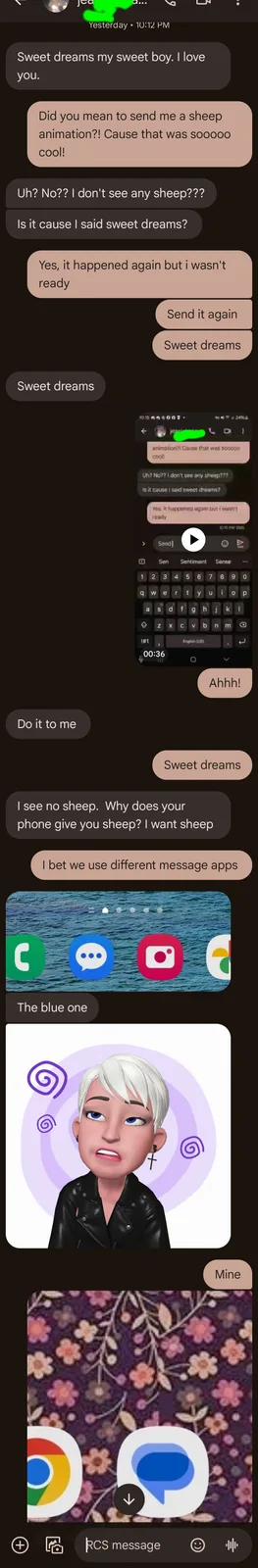 A screenshot of a text conversation where one person repeatedly sends 'sweet dreams' and the other misinterprets it as a…
