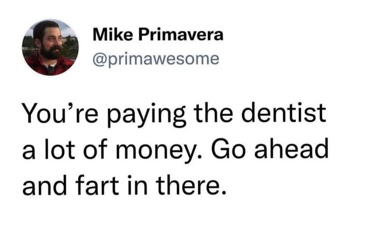 A screenshot of a tweet by Mike Primavera (@primawesome) showing his profile picture and the text: 'You're paying the…