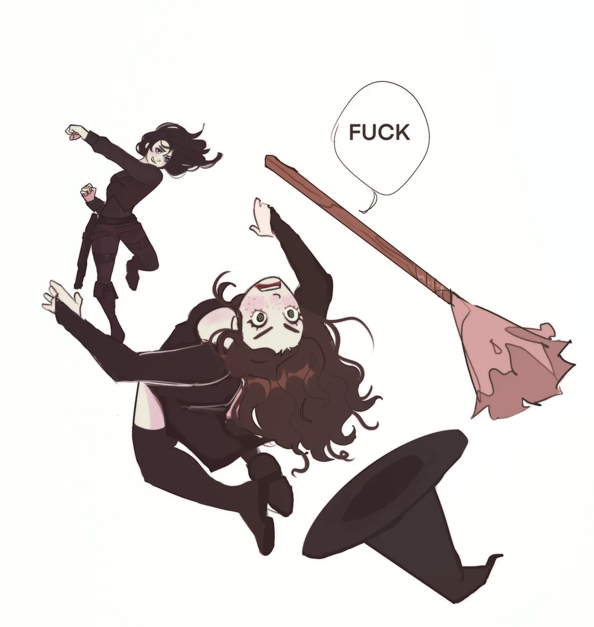An anime-style illustration shows a woman in dark clothing falling backward with a shocked expression, her witch's hat and…