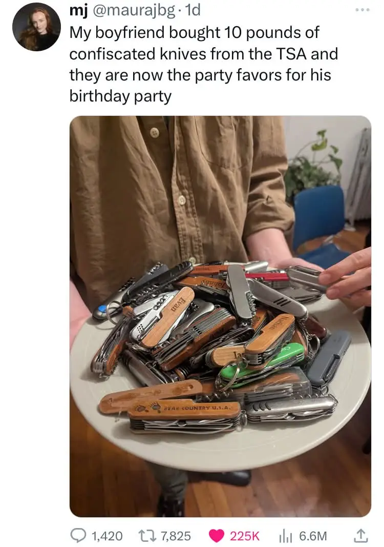 A person in a brown shirt holds a white plate piled high with dozens of multi-tools and pocket knives, some with wooden…