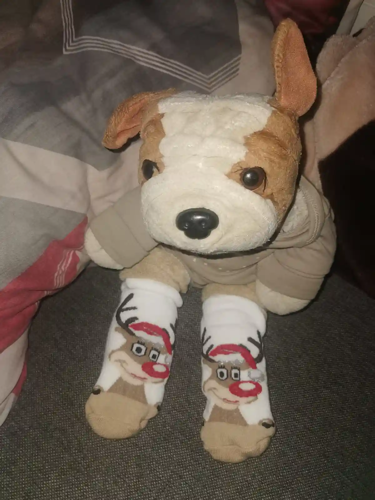 A plush toy dog with brown and white fur, wearing a beige hoodie, is seated on a gray fabric surface. Its feet are covered…