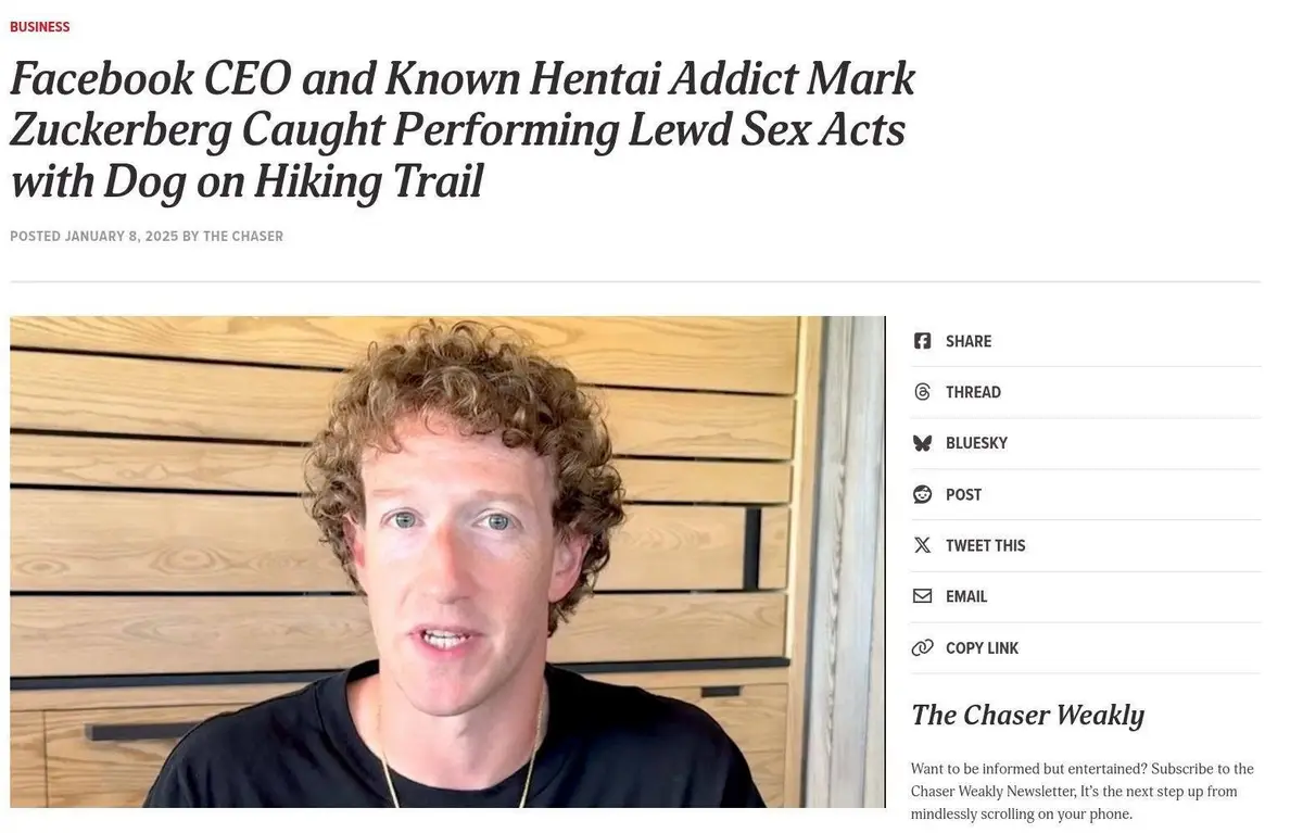 The image displays a screenshot of a fake news article with a headline claiming Mark Zuckerberg was caught performing lewd…