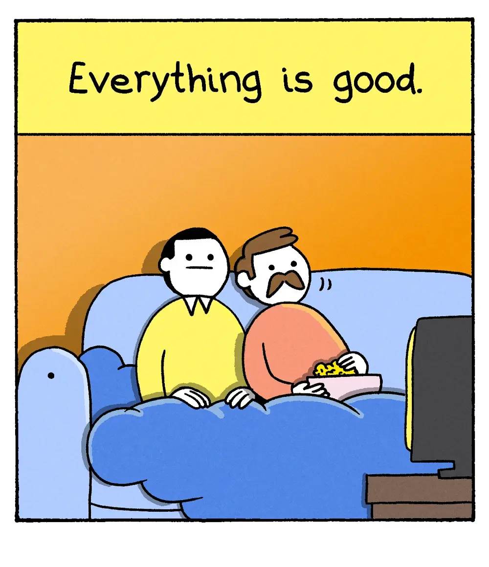 Two cartoon men sit on a blue couch, one in a yellow shirt with a neutral expression, the other in an orange shirt with a…