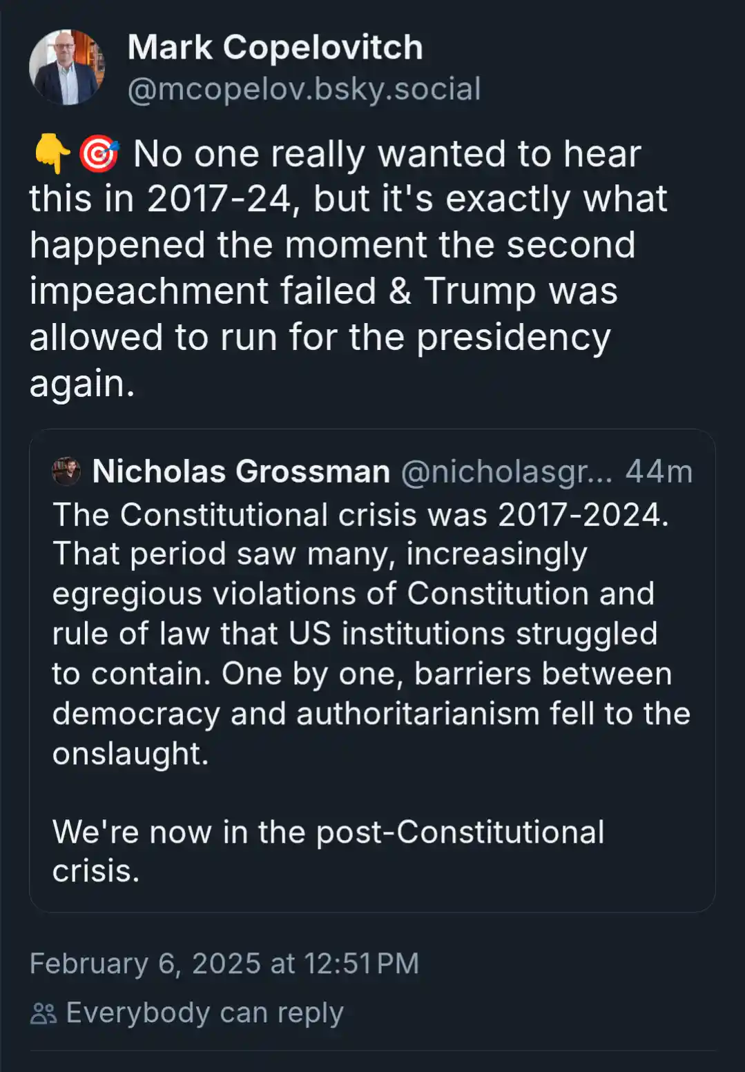A screenshot of a social media post by Mark Copelovitch, who quotes Nicholas Grossman's tweet claiming the 2017-2024 period…