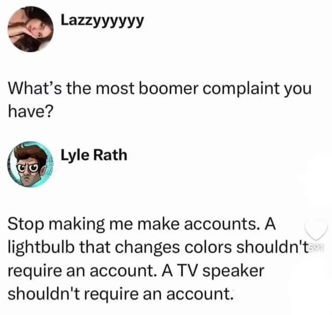 A screenshot of a social media chat where user 'Lazzyyyyy' asks 'What's the most boomer complaint you have?' and user 'Lyle…