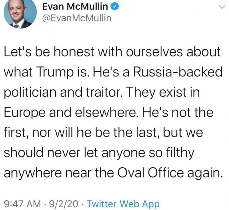 A screenshot of a tweet from Evan McMullin's verified Twitter account, displaying his profile picture and the full text of…