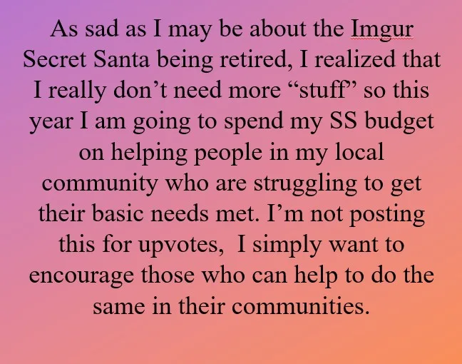 A gradient background of purple to orange with black text that reads a heartfelt message about redirecting Imgur Secret…