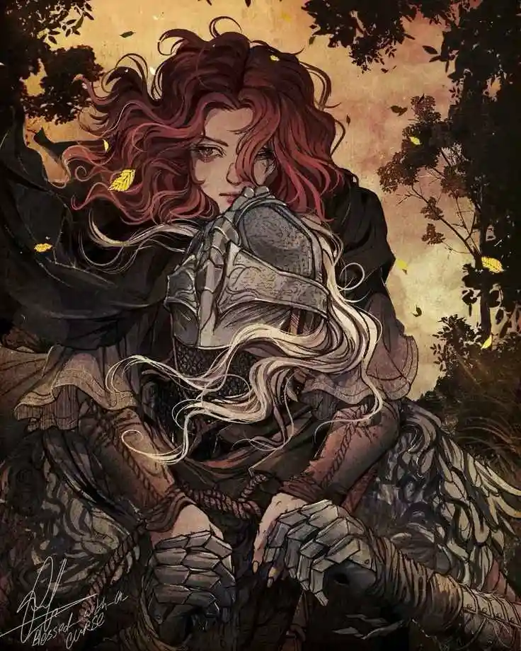A dramatic fantasy illustration shows a woman with long, flowing red hair and a serious expression, wearing ornate armor and…