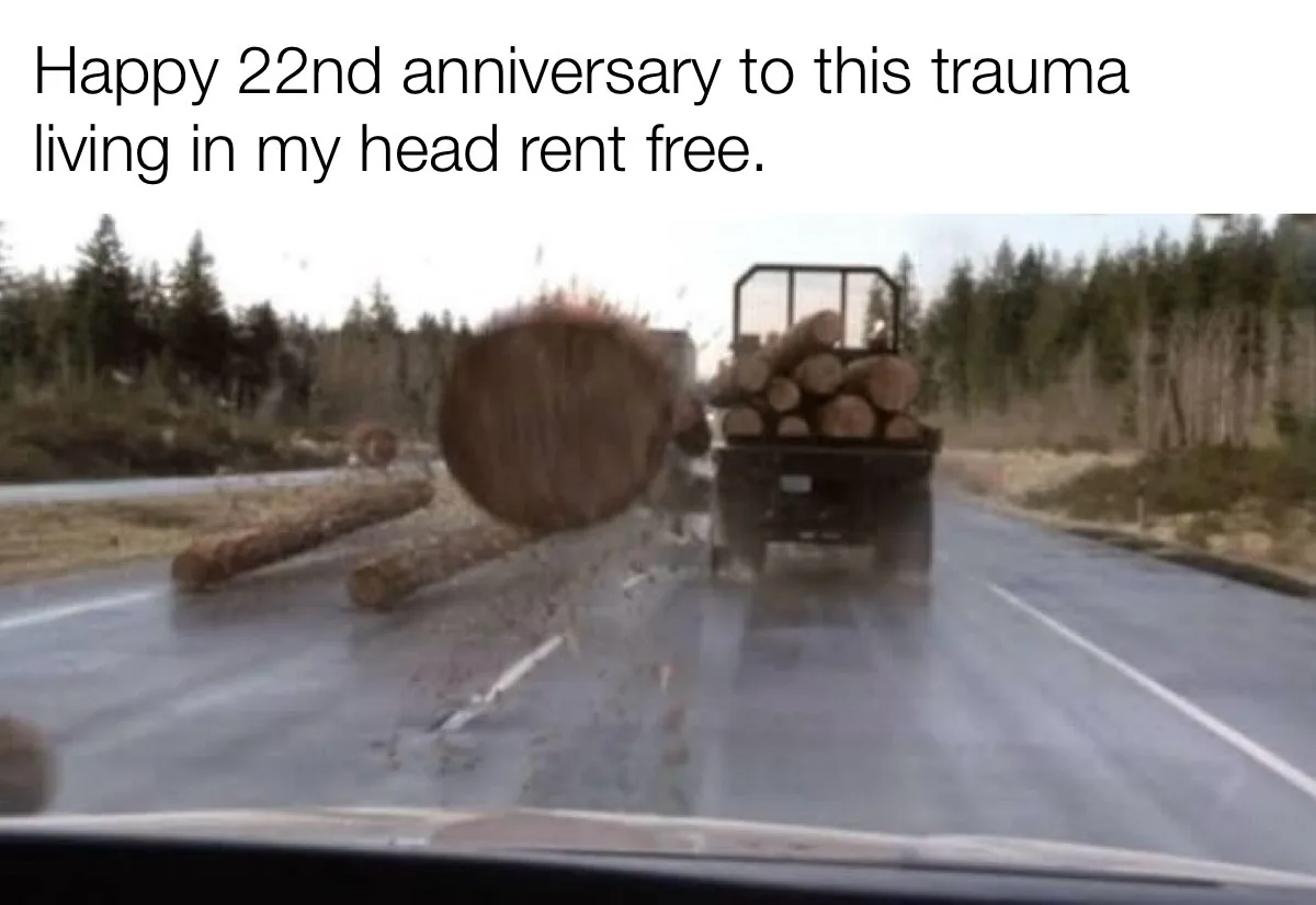 A dashcam view from a car shows a large log flying through the air, having just been ejected from a logging truck ahead. The…