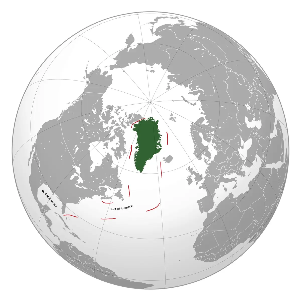 A map of the Earth centered on the North Pole shows a green landmass labeled 'Gulf of America' in the Arctic, surrounded by…