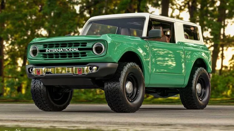 A green, customized, modernized classic truck with a white roof, large off-road tires, and a grille that reads…