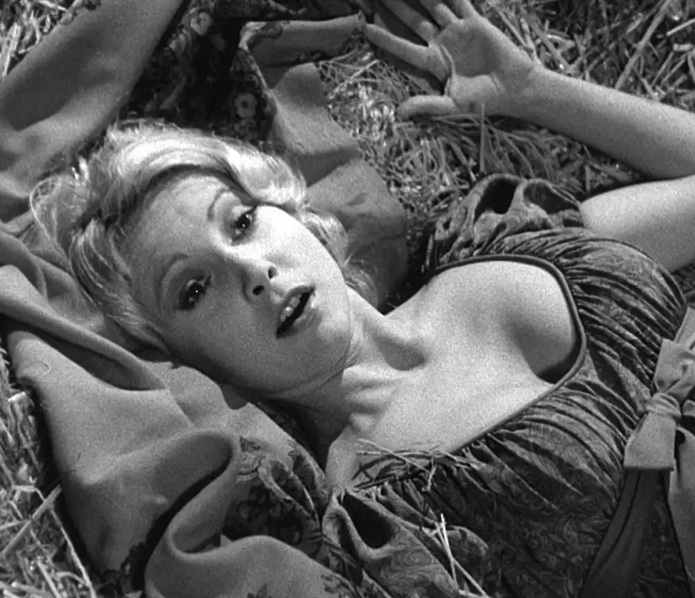 A black-and-white image of a woman with blonde hair lying on her back in hay, wearing a patterned dress, with her arms…