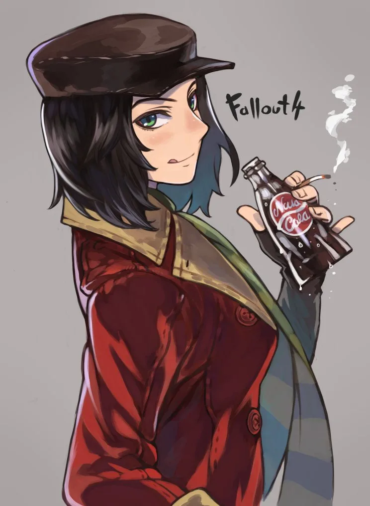 An anime-style illustration of a character with dark hair and green eyes, wearing a brown cap and a red coat, holding a…