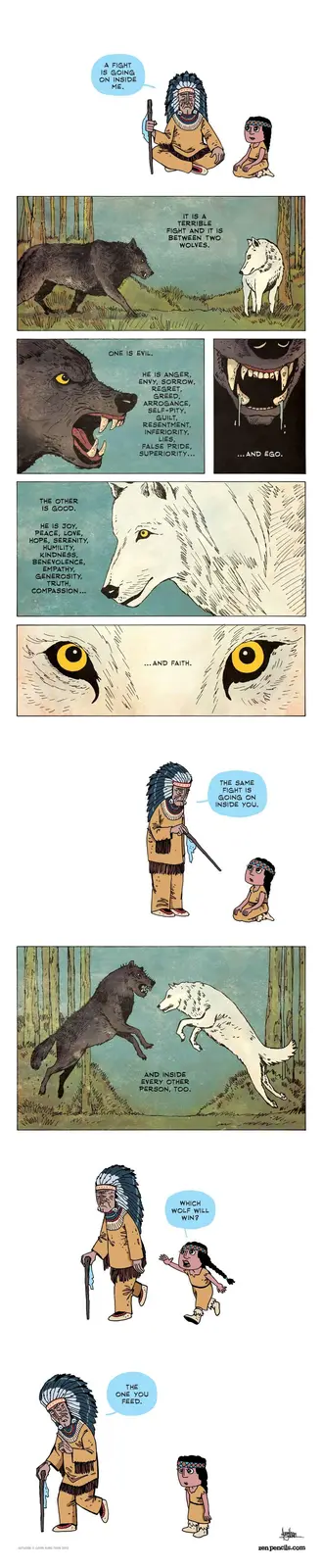 A comic strip depicts an elder Native American figure telling a young girl about an internal struggle between two wolves—one…