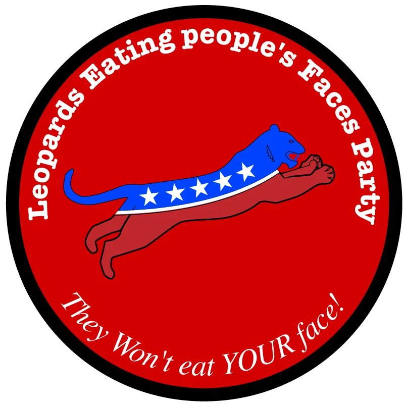 A circular red logo features a stylized blue leopard with white stars on its back, biting a human face. The text 'Leopards…