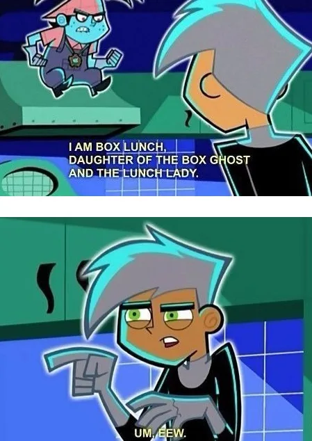 Two panels from the animated show 'Danny Phantom'. In the top panel, a small blue ghost with a pink hat and a badge says 'I…