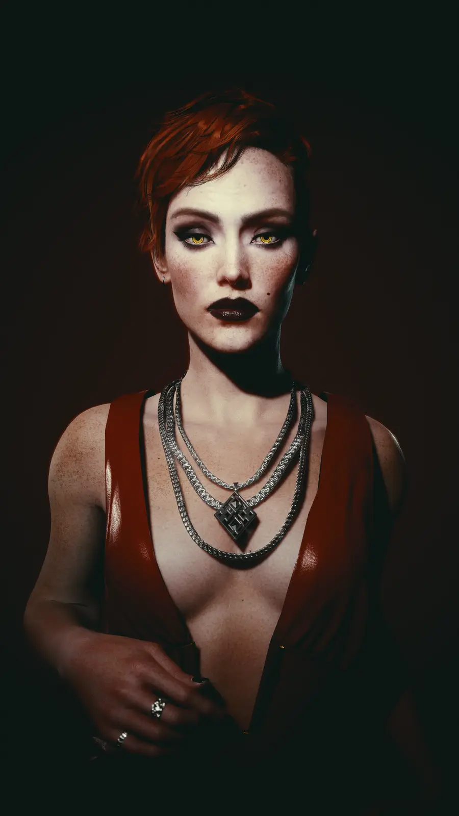 A woman with short red hair, yellow eyes, and freckles stares intensely at the camera, wearing a red top and layered silver…
