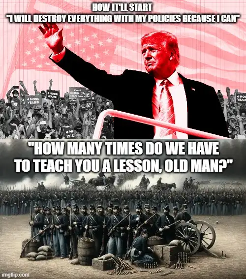 The image is split into two panels. The top panel shows Donald Trump raising his hand against a red-tinted American flag…