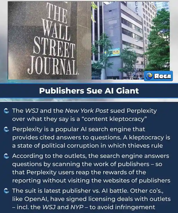 An image of The Wall Street Journal building with overlaid text describing a legal action by the WSJ and New York Post…