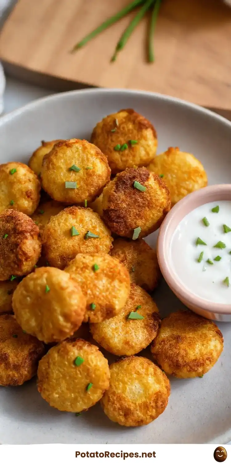 A close-up photo shows a white bowl filled with golden-brown, crispy-looking potato patties garnished with chopped green…