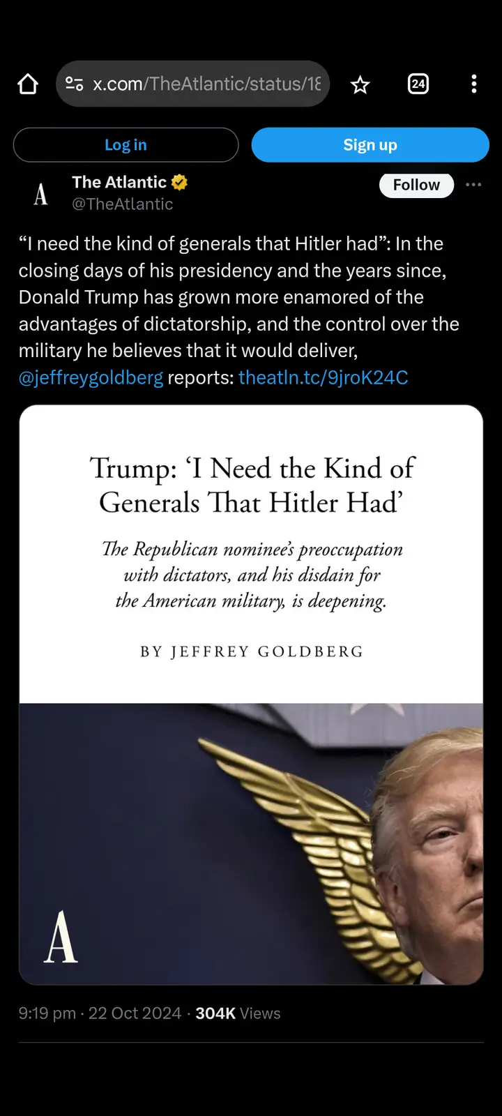 A screenshot of a The Atlantic social media post featuring a headline from an article by Jeffrey Goldberg. The headline…
