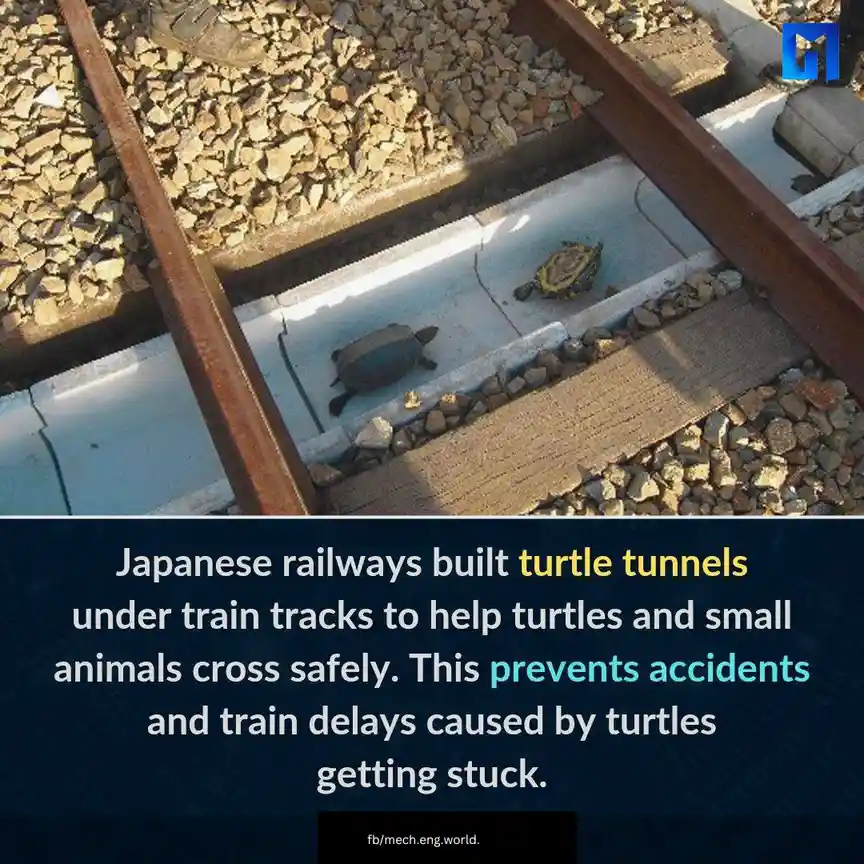 An overhead photo shows two turtles on a concrete path beneath train tracks, surrounded by gravel and steel rails. The…