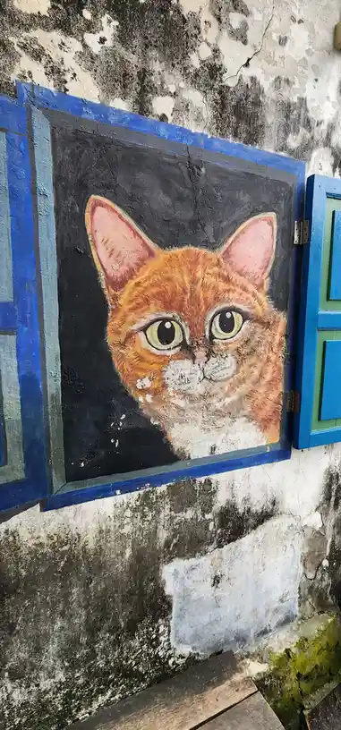 A mural of an orange tabby cat with large green eyes painted on a weathered wall inside a blue-painted window frame. The…