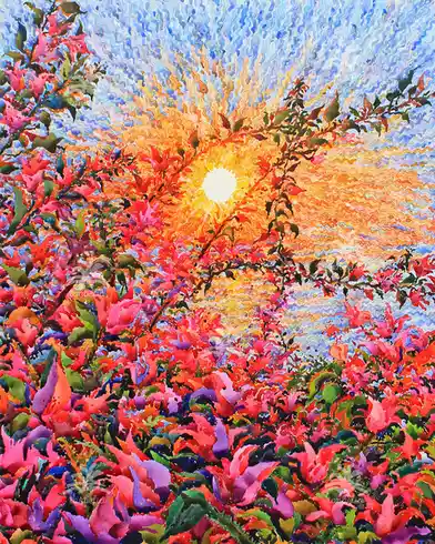 A vibrant, stylized painting depicts a sunburst radiating through a dense canopy of red, pink, and purple flowers with green…