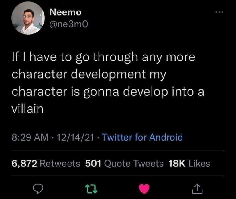 A screenshot of a tweet by user Neemo (@ne3m0) from December 14, 2021, showing a humorous complaint about forced character…