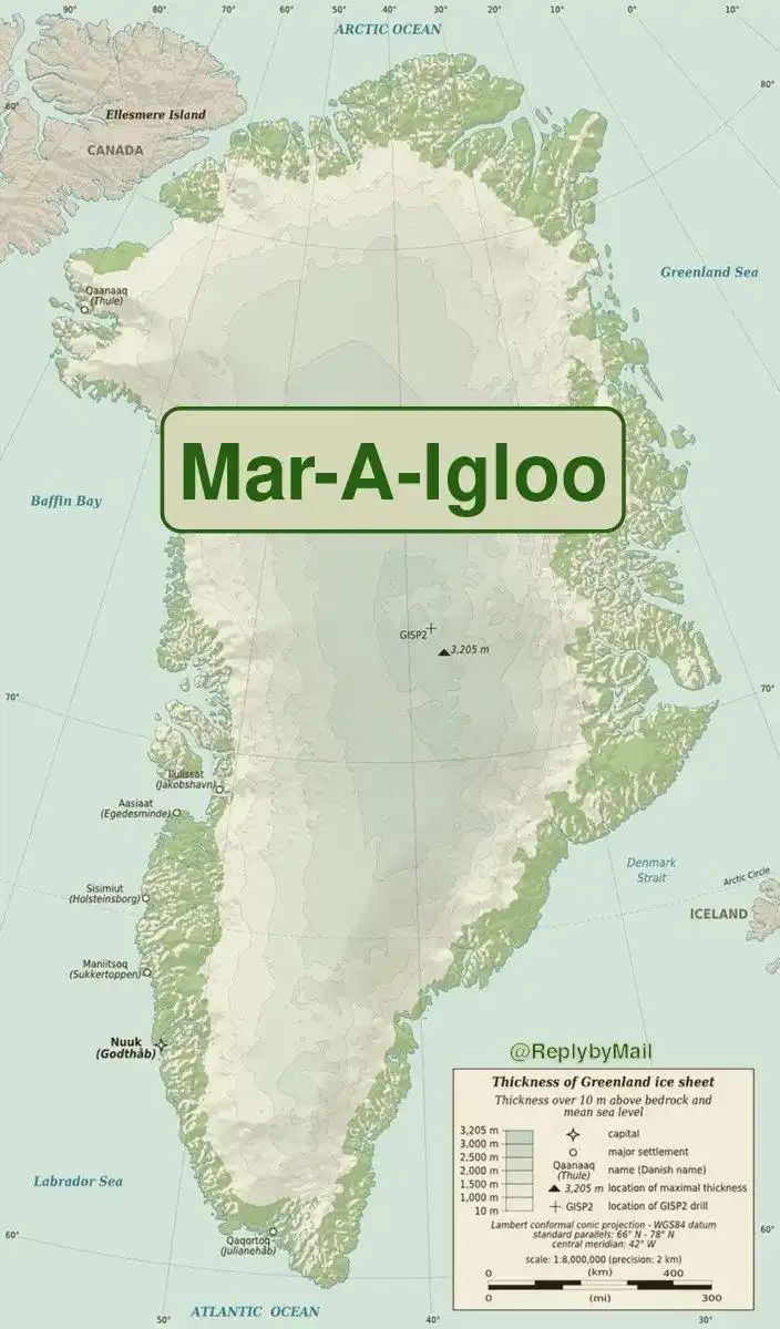 A map of Greenland showing ice sheet thickness with a large green box overlaid on the center of the island containing the…