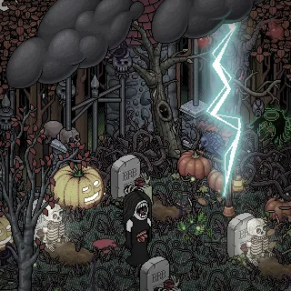 A pixel-art graveyard scene with pumpkins, skeletons, tombstones, and a lightning bolt striking a tree. A black-clothed…