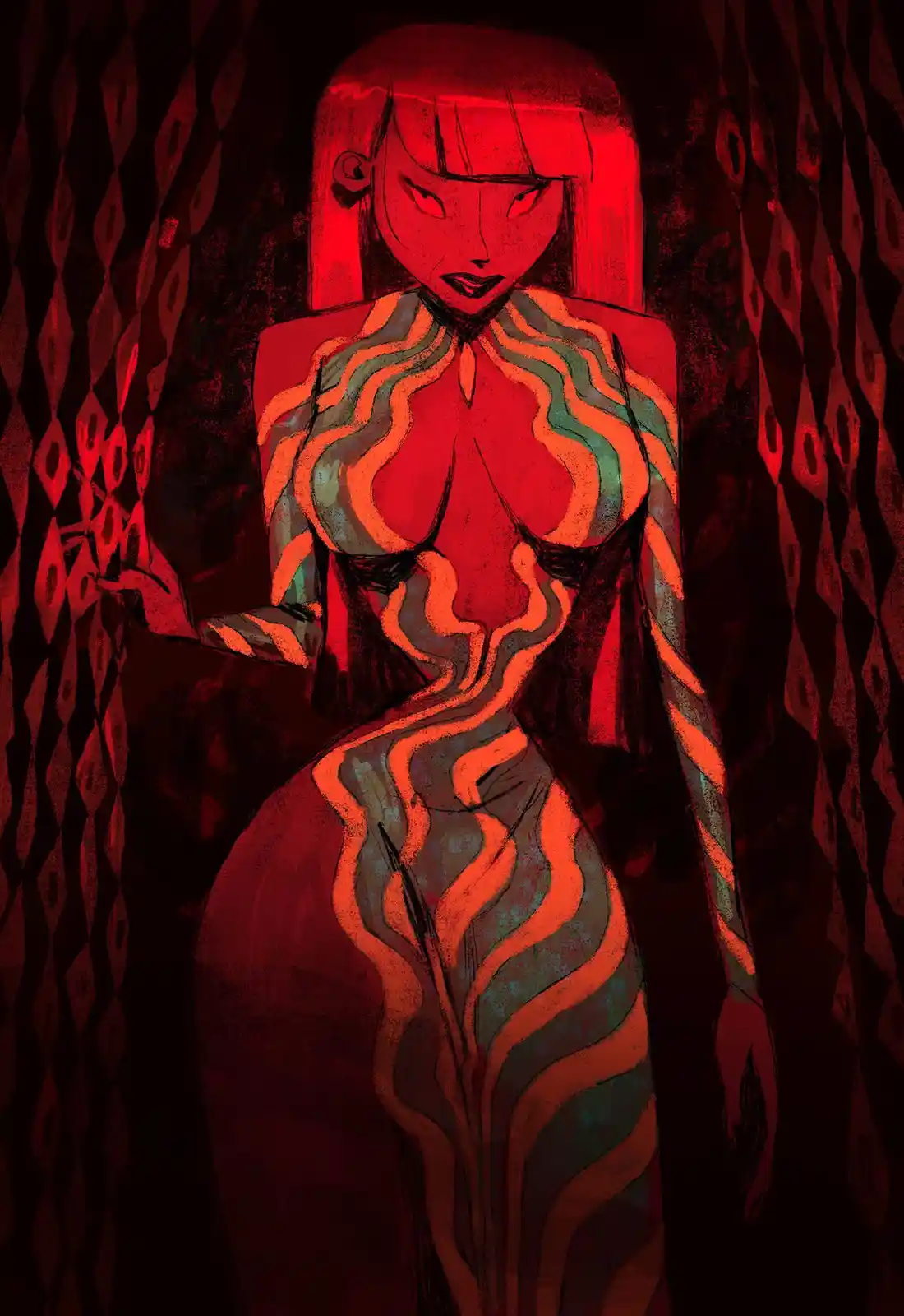 A stylized illustration of a woman with red hair and a stern expression, wearing a form-fitting dress with wavy orange and…