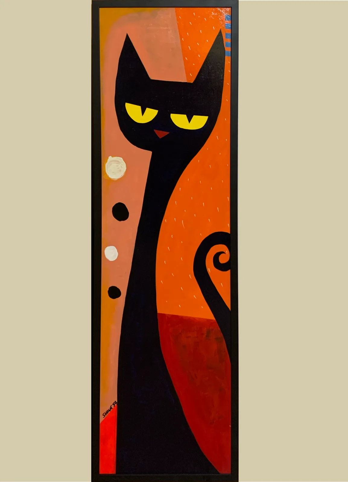 A stylized painting of a black cat with yellow eyes and a red mouth, set against a background of orange, peach, and red…