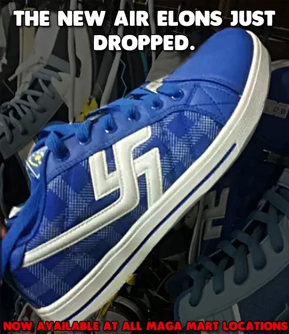 A close-up photo of a blue sneaker with a white swastika symbol stitched onto the side, displayed among other shoes. The…