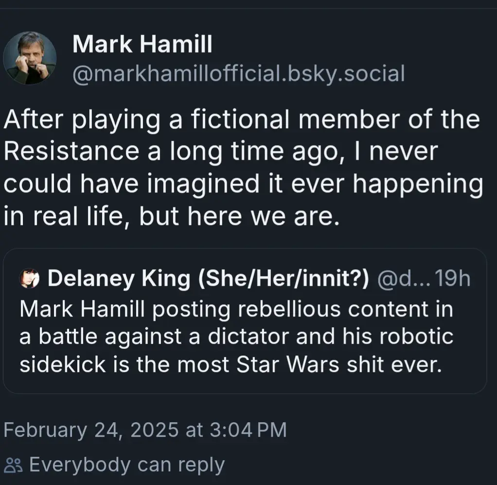 A screenshot of a social media post by Mark Hamill, who says he never imagined playing a fictional Resistance member would…