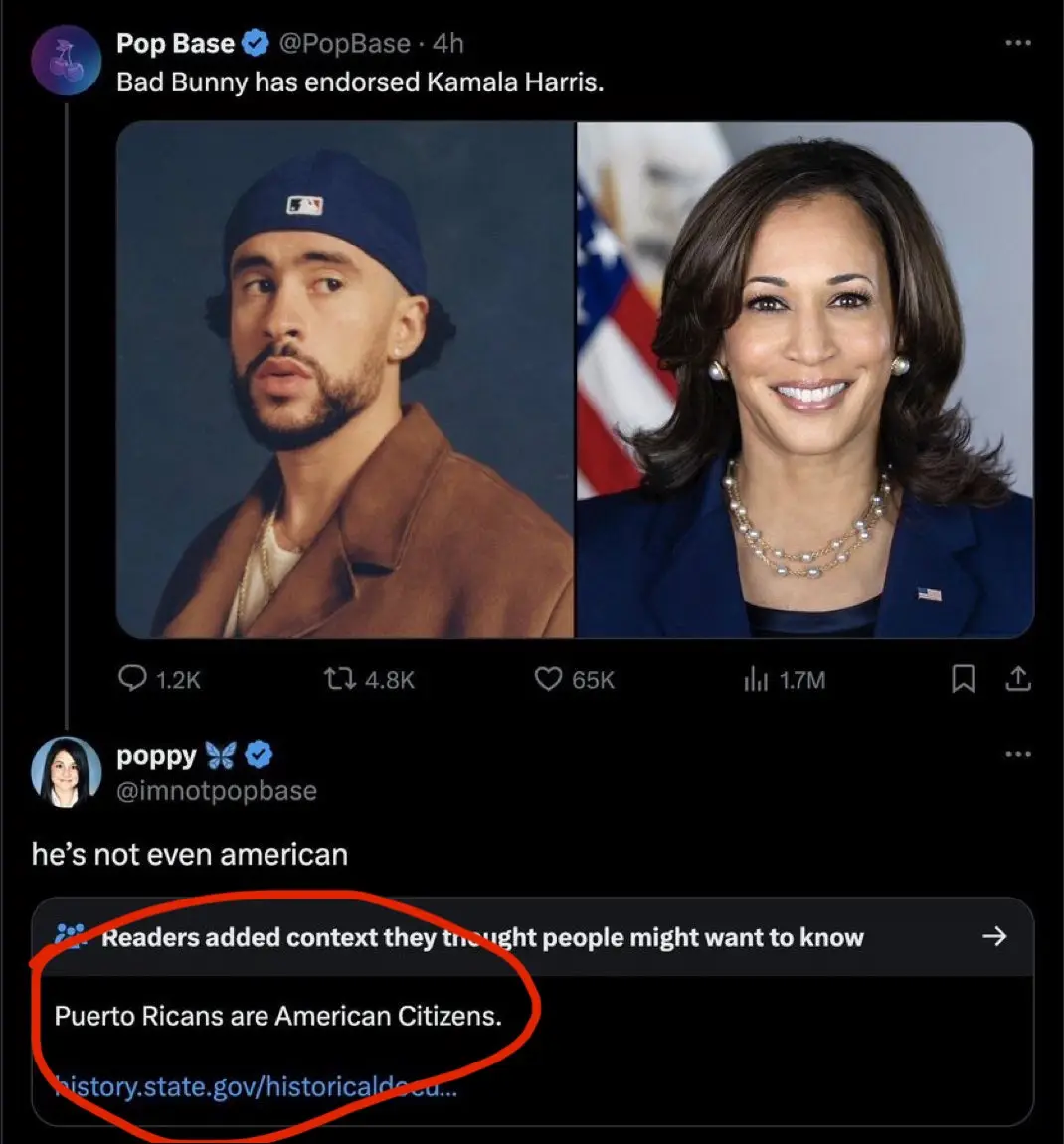 A screenshot of a Twitter thread shows a post claiming Bad Bunny endorsed Kamala Harris, with side-by-side photos of the…