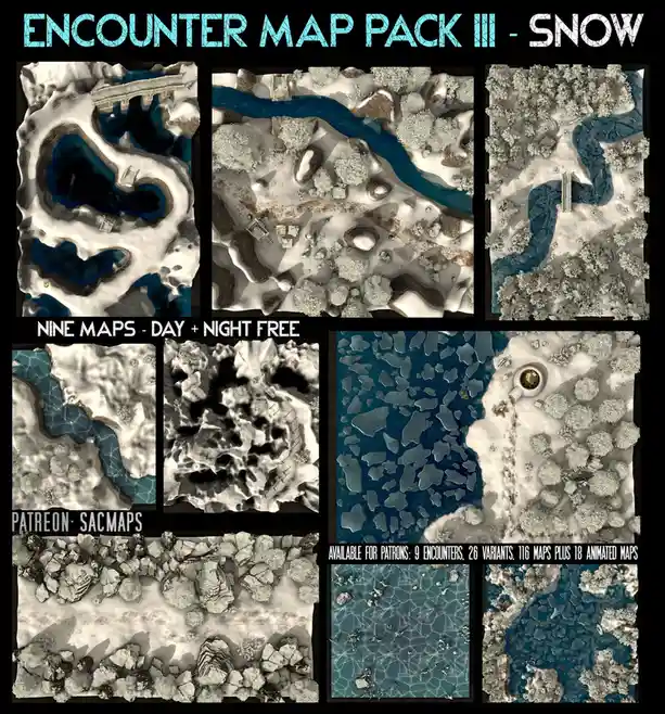 The image displays a promotional collage for a digital product called 'Encounter Map Pack III - Snow,' showcasing nine…