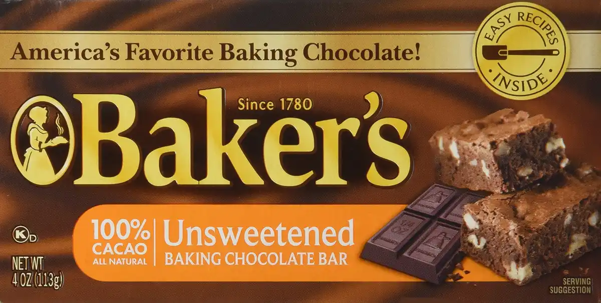 The image shows a package of Baker's 100% unsweetened baking chocolate bar, featuring a brown and gold design with a woman…