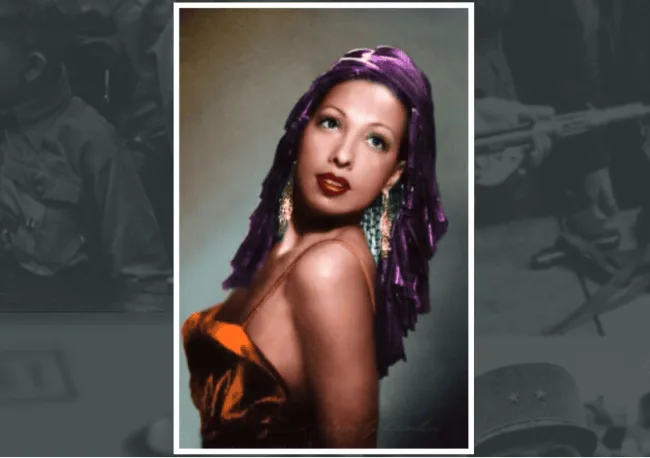 A vintage color portrait of a woman with purple hair and orange dress is centered, flanked by black-and-white war imagery…