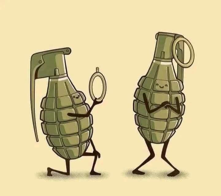 Two cartoon-style hand grenades with faces and limbs stand facing each other. The grenade on the left, holding its pin, has…