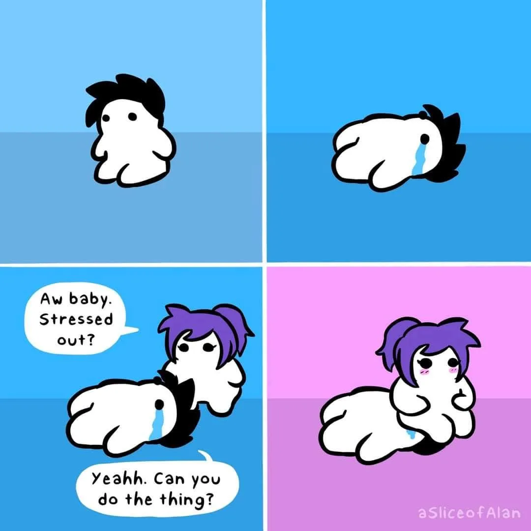 A four-panel comic shows a black-haired character crying while a purple-haired character comforts them. The purple-haired…