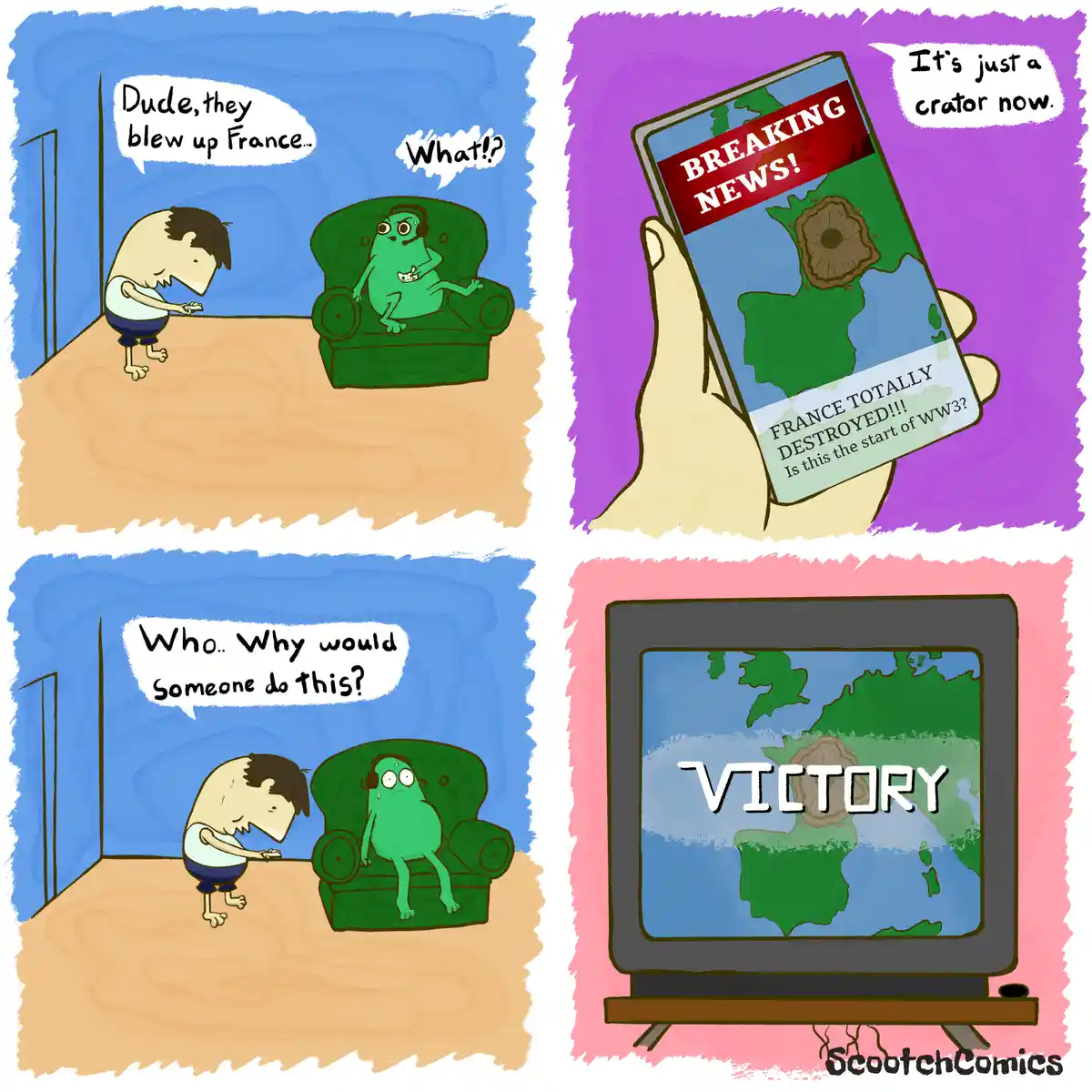 A four-panel comic shows a human and a green alien reacting to news. The human says 'Dude, they blew up France...' and the…