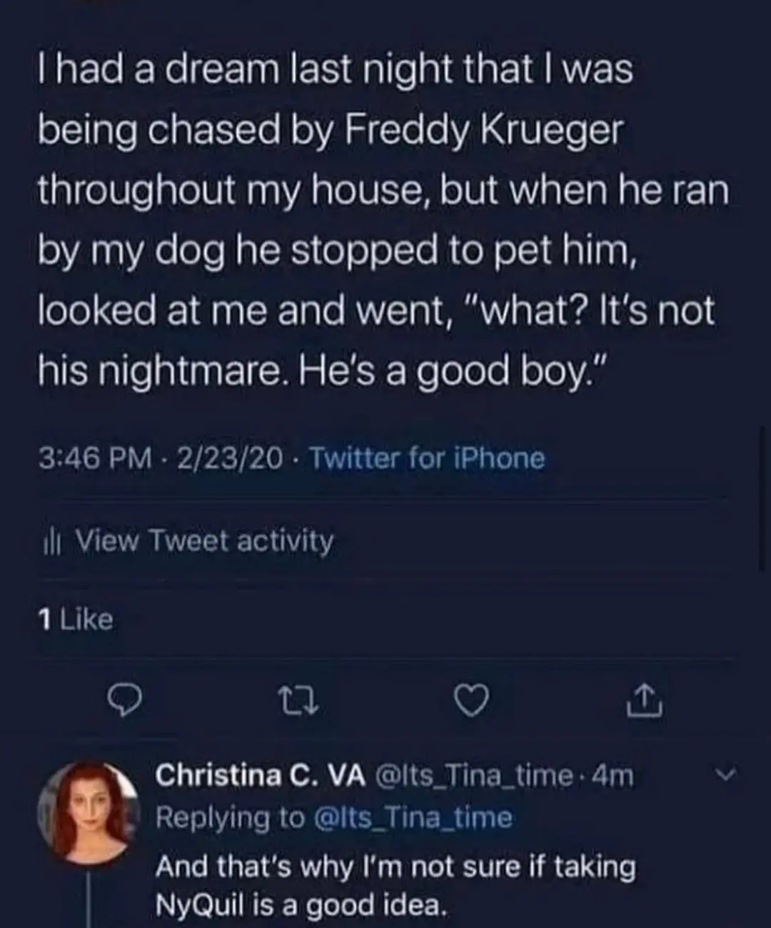 A screenshot of a Twitter thread shows a user describing a dream where Freddy Krueger stops chasing them to pet their dog…
