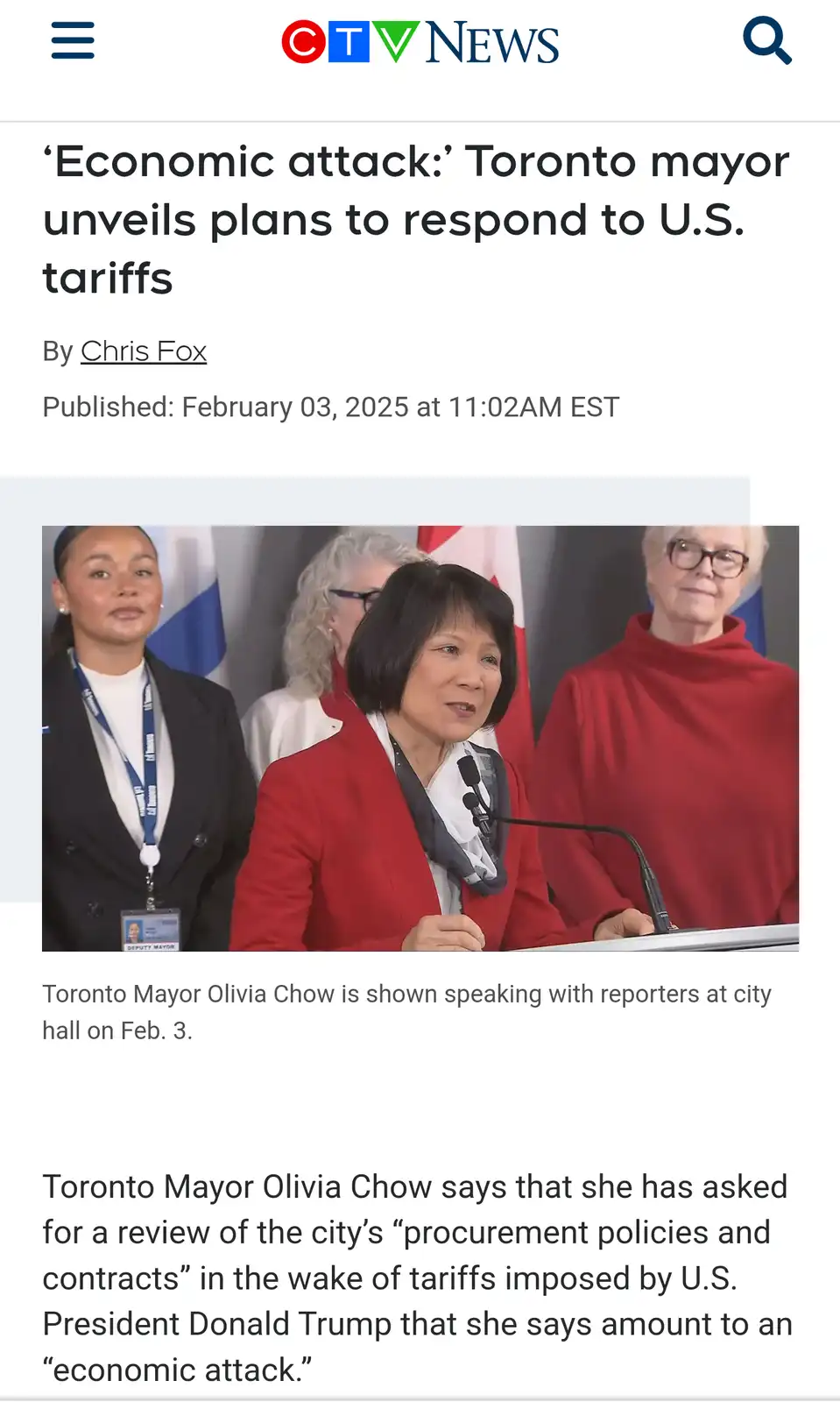 A screenshot of a CTV News article shows Toronto Mayor Olivia Chow speaking at a podium with two women standing behind her…