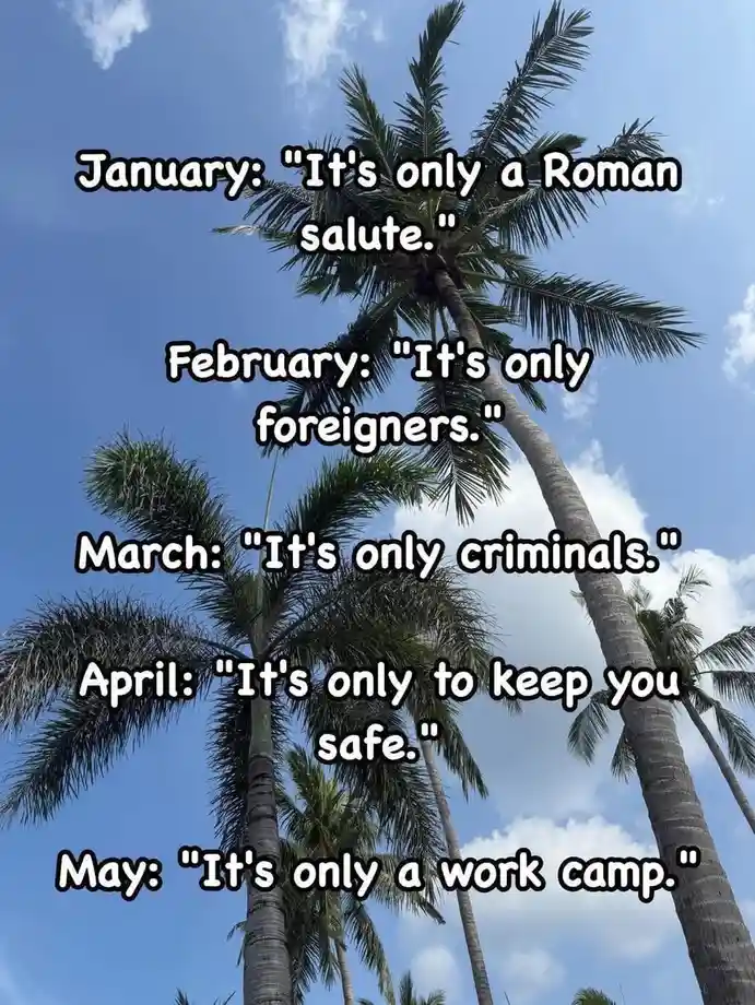 A low-angle photo of tall palm trees against a blue sky with white clouds. Overlaid text lists months from January to May…
