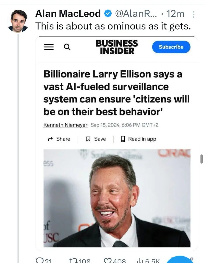A screenshot of a tweet by Alan MacLeod showing a Business Insider article about billionaire Larry Ellison's claim that an…