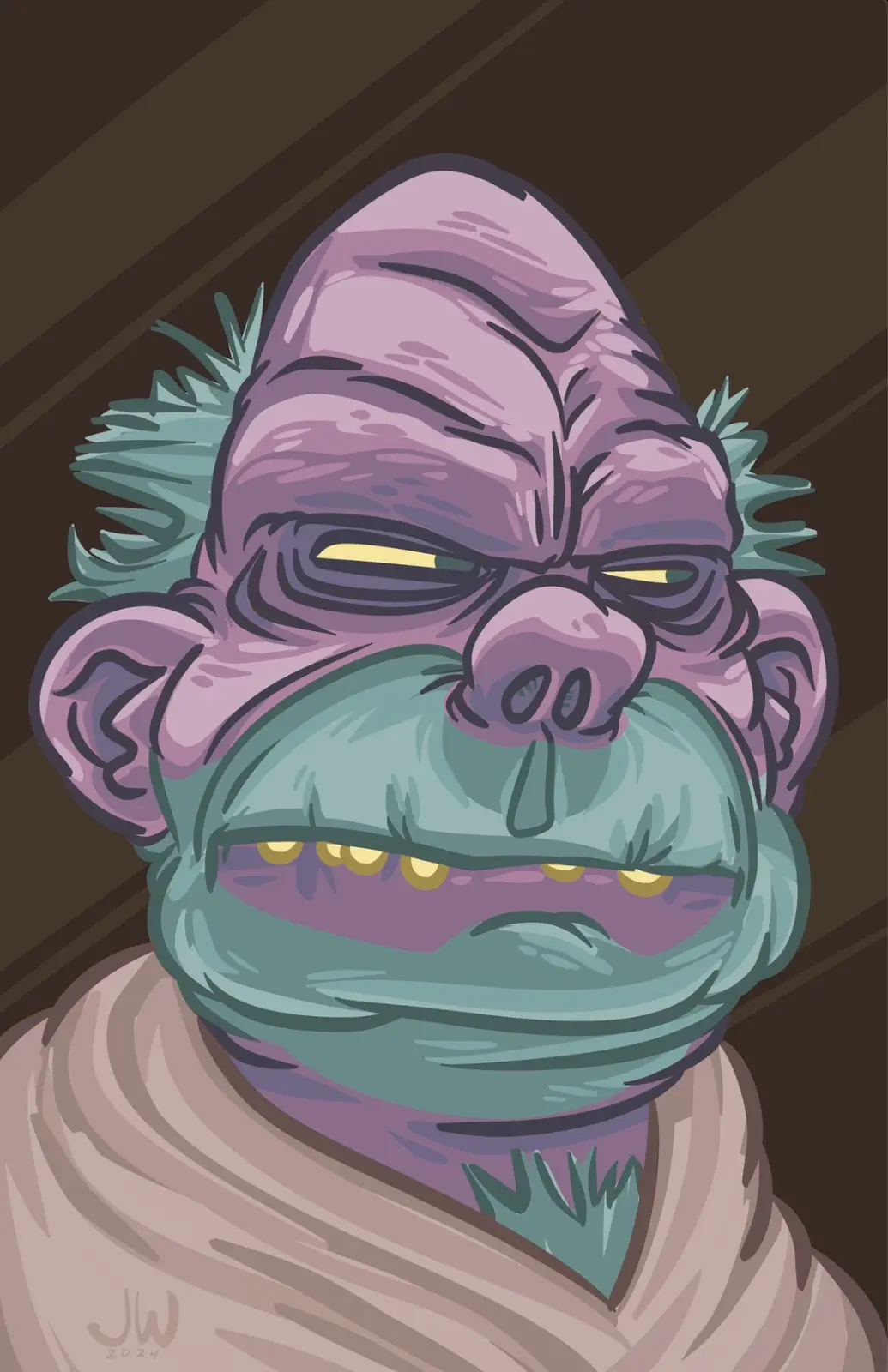 A cartoon illustration of a purple-skinned, green-furred, angry-looking alien with a pig-like snout, yellow eyes, and a…